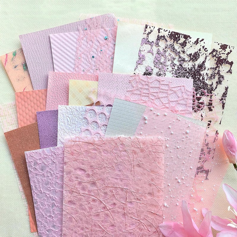 Flartmo 20 Unique A5 Textured Scrapbook Paper & Mesh Fabric Set, Handmade Craft Paper for Scrapbooking, Junk Journal Supplies, Card Making, Decoupage, Collage & Gift Embellishments (Pink) - Image 1